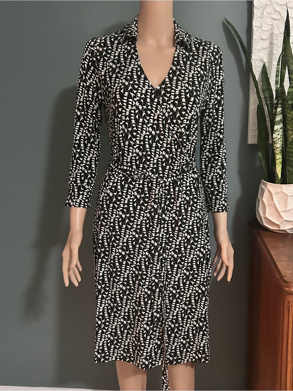 Brooks Brothers Black and White Long-Sleeve Wrap Dress